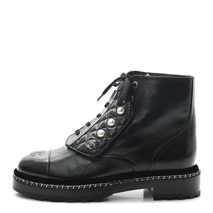 Chanel Crackled Calfskin Velvet Pearl Combat Short Boots 39 Black 1 of 8