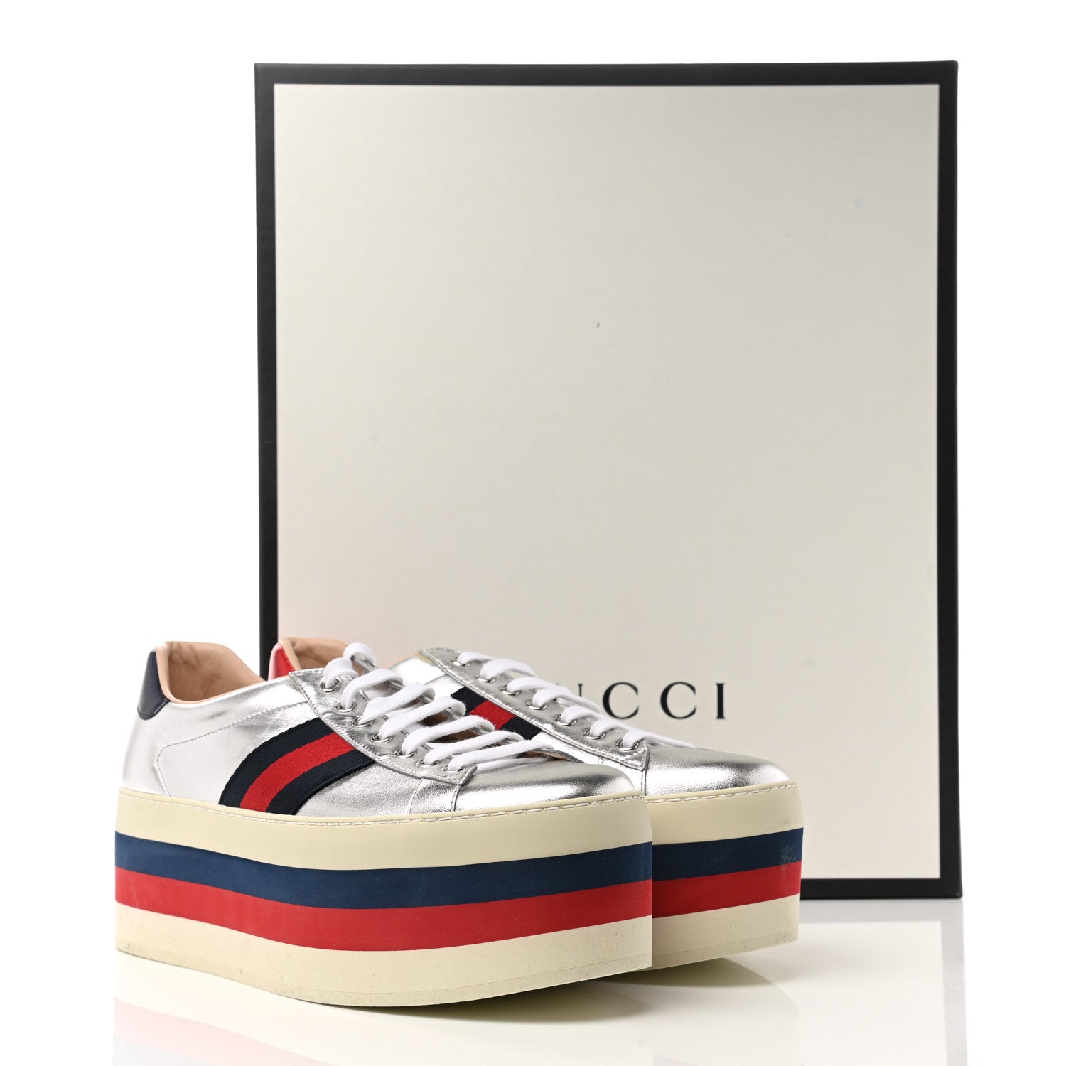 Gucci Calfskin Peggy Platform Sneakers 9.5 Blue Silver Red 10 of 10
