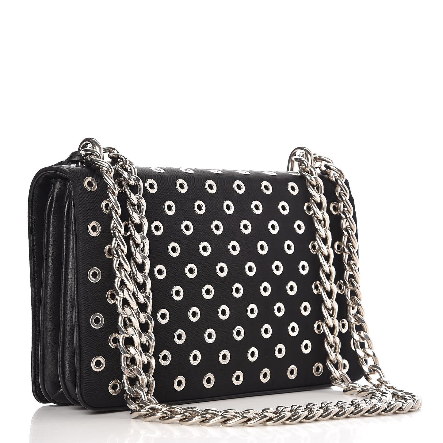 Tessuto Nylon Soft Calf Grommet Chain Shoulder Bag Nero Black