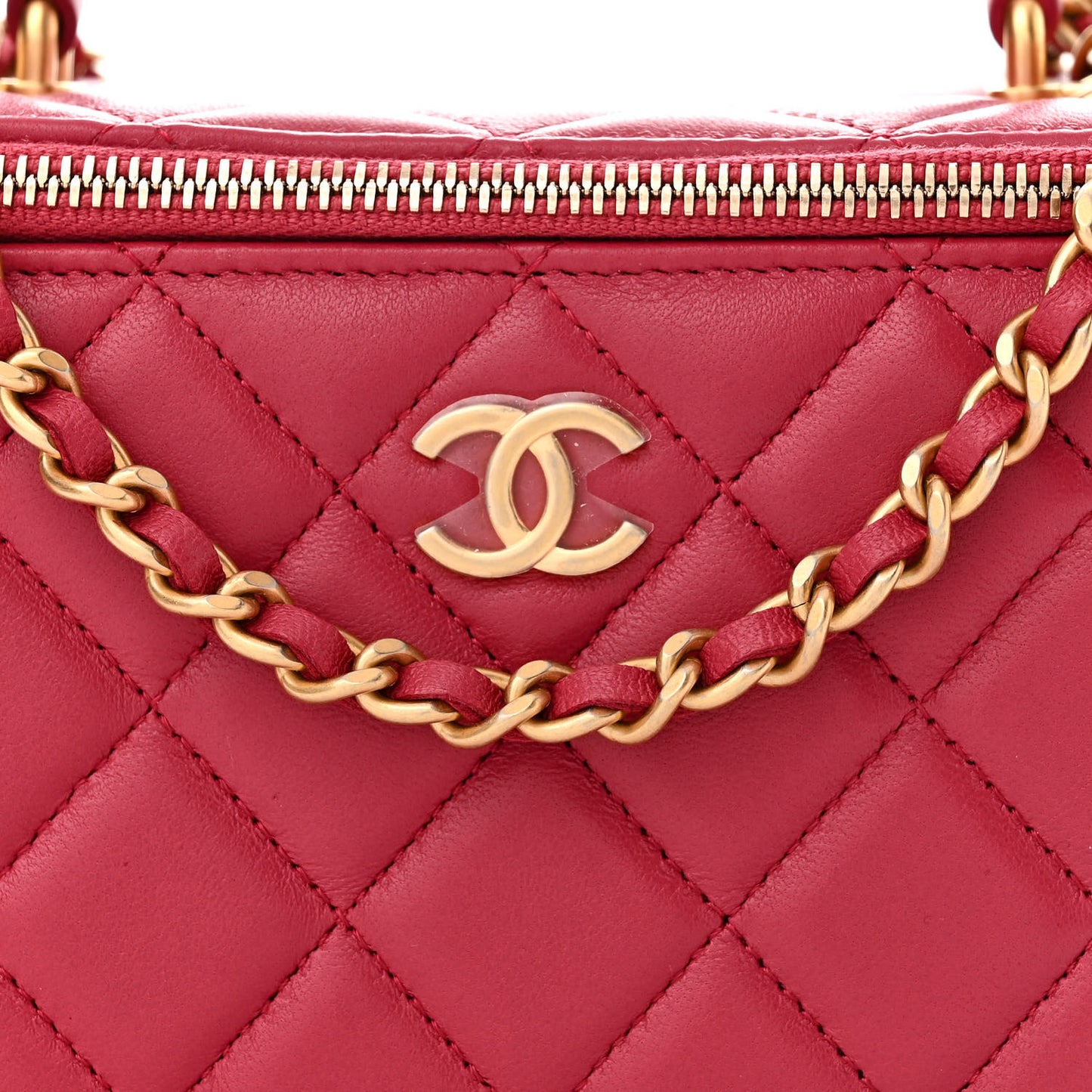 Lambskin Quilted Small Top Handle Vanity Case With Chain Dark Pink