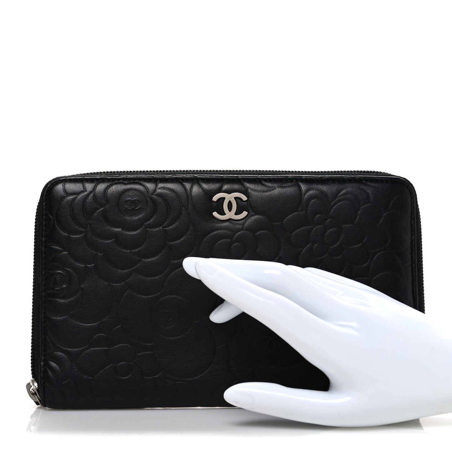 Lambskin Camellia Embossed Zip Around Organizer Wallet Black