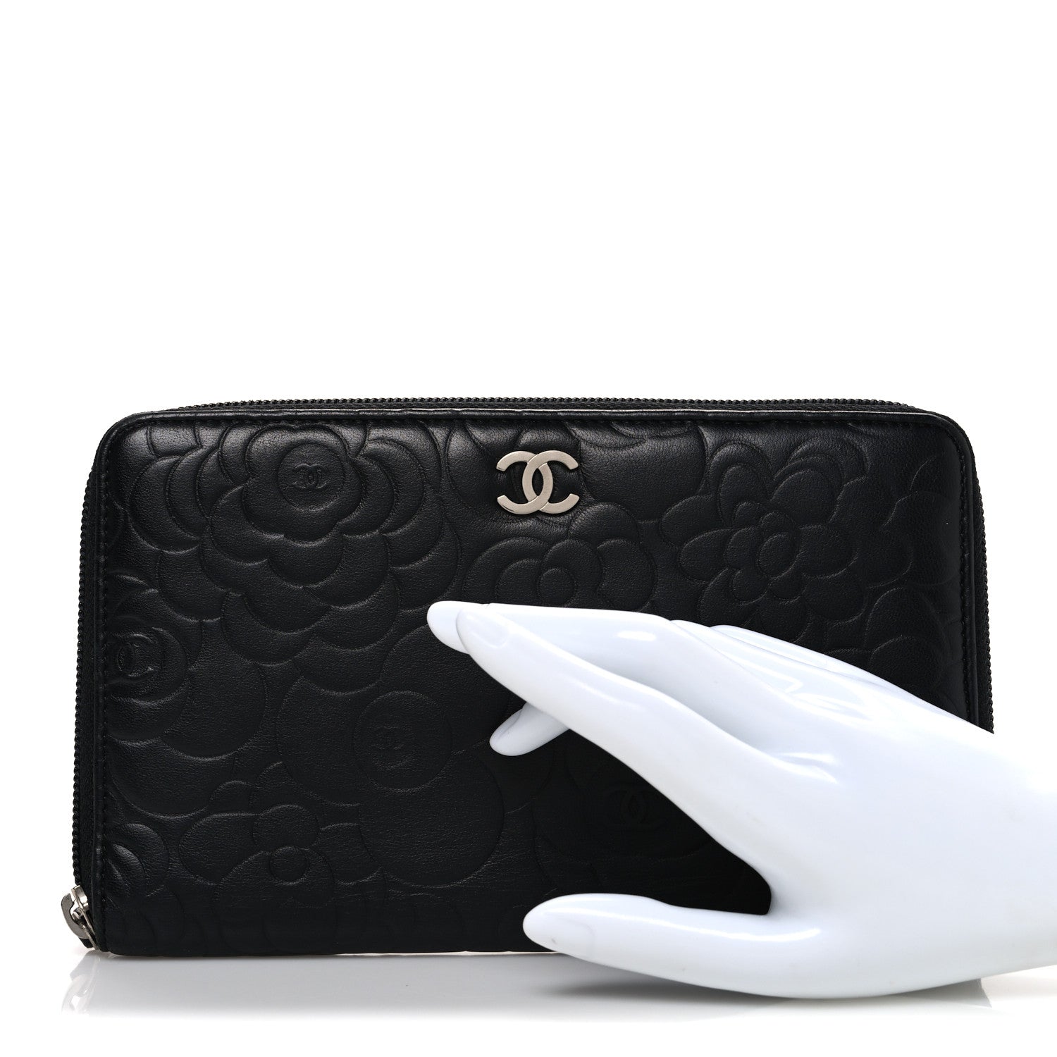 Chanel Lambskin Camellia Embossed Zip Around Organizer Wallet Black 2 of 9