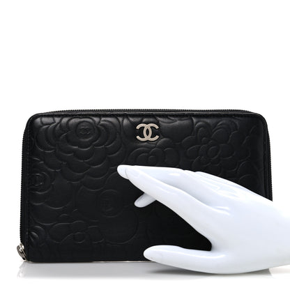 Chanel Lambskin Camellia Embossed Zip Around Organizer Wallet Black 2 of 9