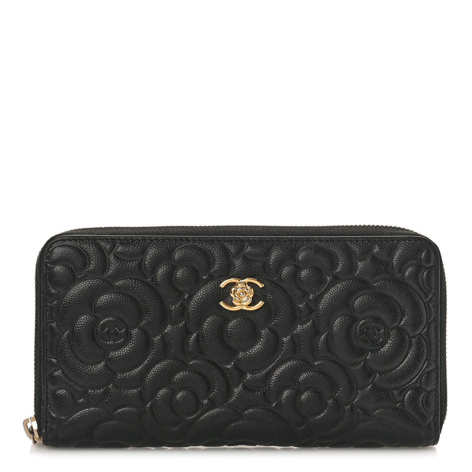 Chanel Caviar Camellia Embossed Large Zip Around Gusset Wallet Black 1 of 10