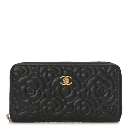 Chanel Caviar Camellia Embossed Large Zip Around Gusset Wallet Black 1 of 10