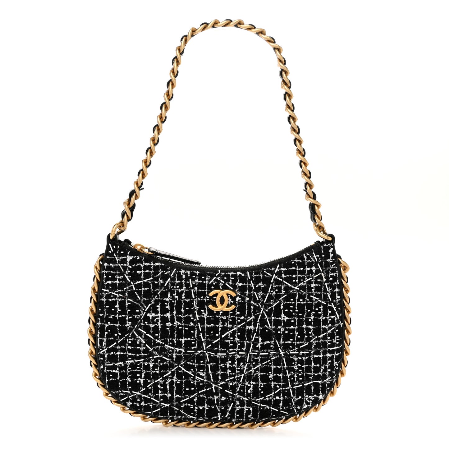 Tweed Sequin Quilted Trendy Chain Around Hobo Black White