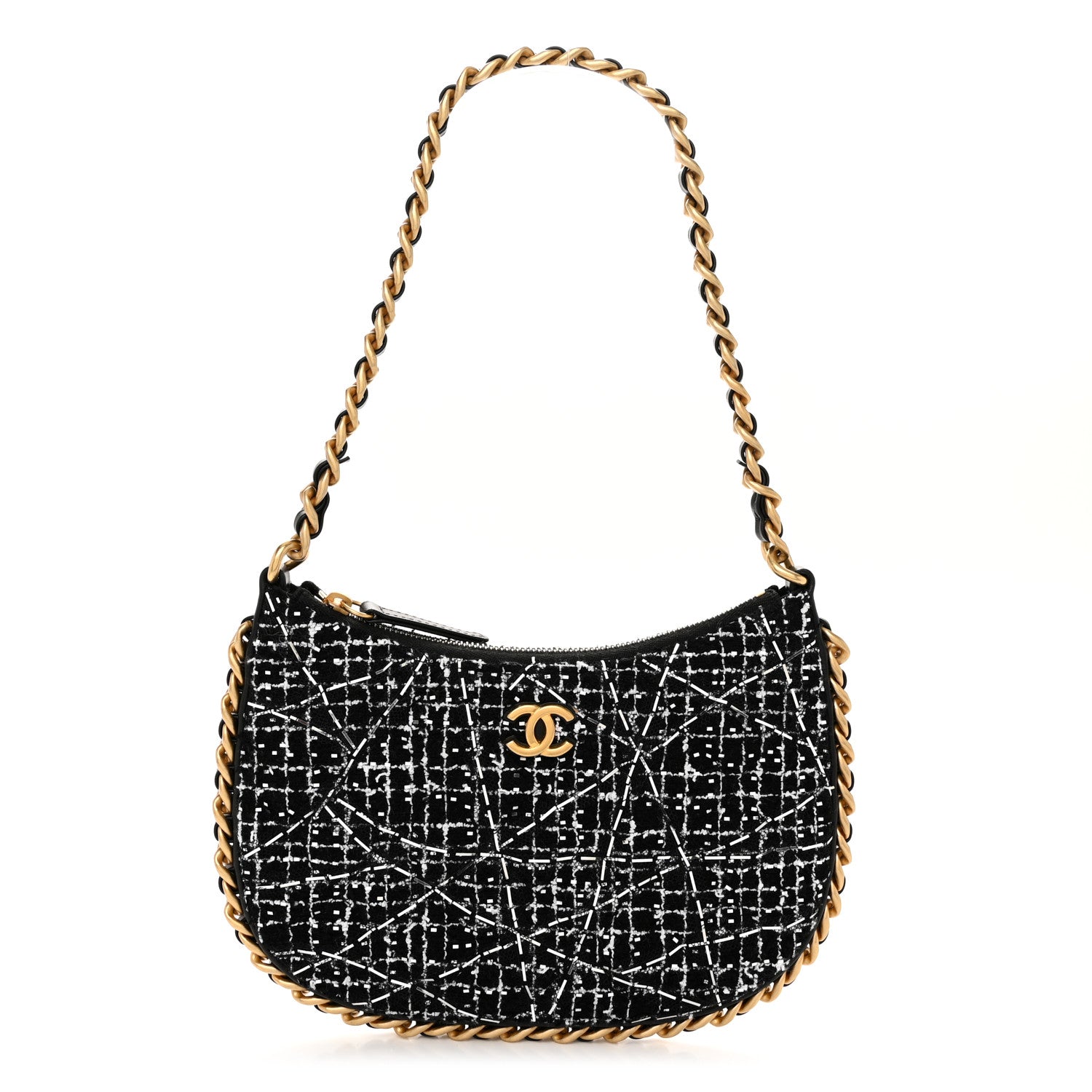 Chanel Tweed Sequin Quilted Trendy Chain Around Hobo Black White 1 of 11