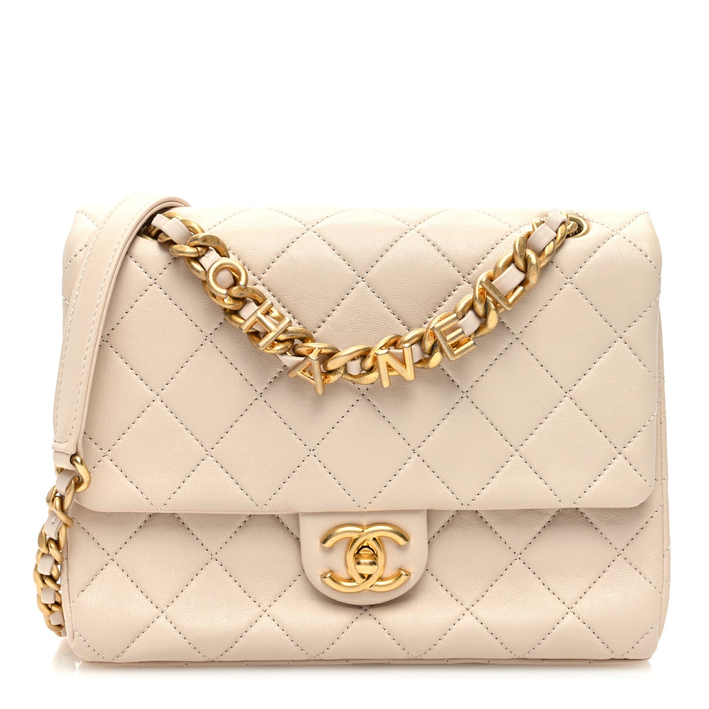 Lambskin Quilted Chaine Lettre Square Flap Beige