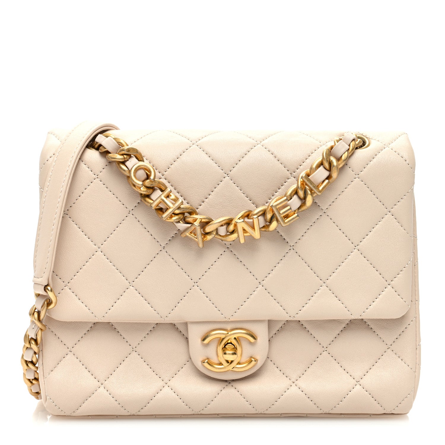 Chanel Lambskin Quilted Chaine Lettre Square Flap Beige 1 of 10