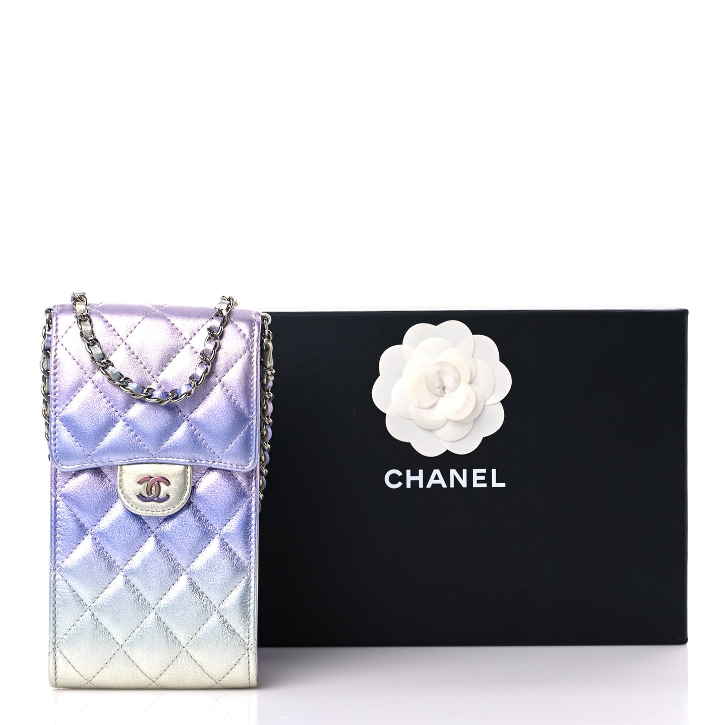 Gradient Metallic Calfskin Quilted CC Phone Holder Silver Blue Yellow Purple