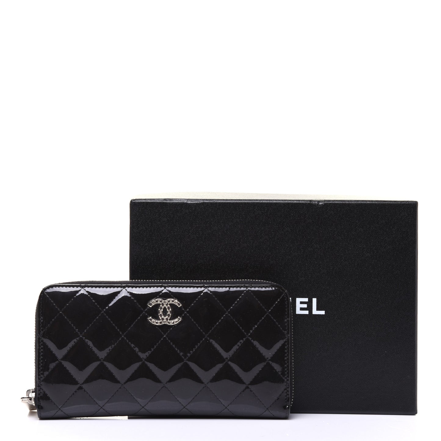 Patent Quilted Brilliant Zip Around Wallet Black