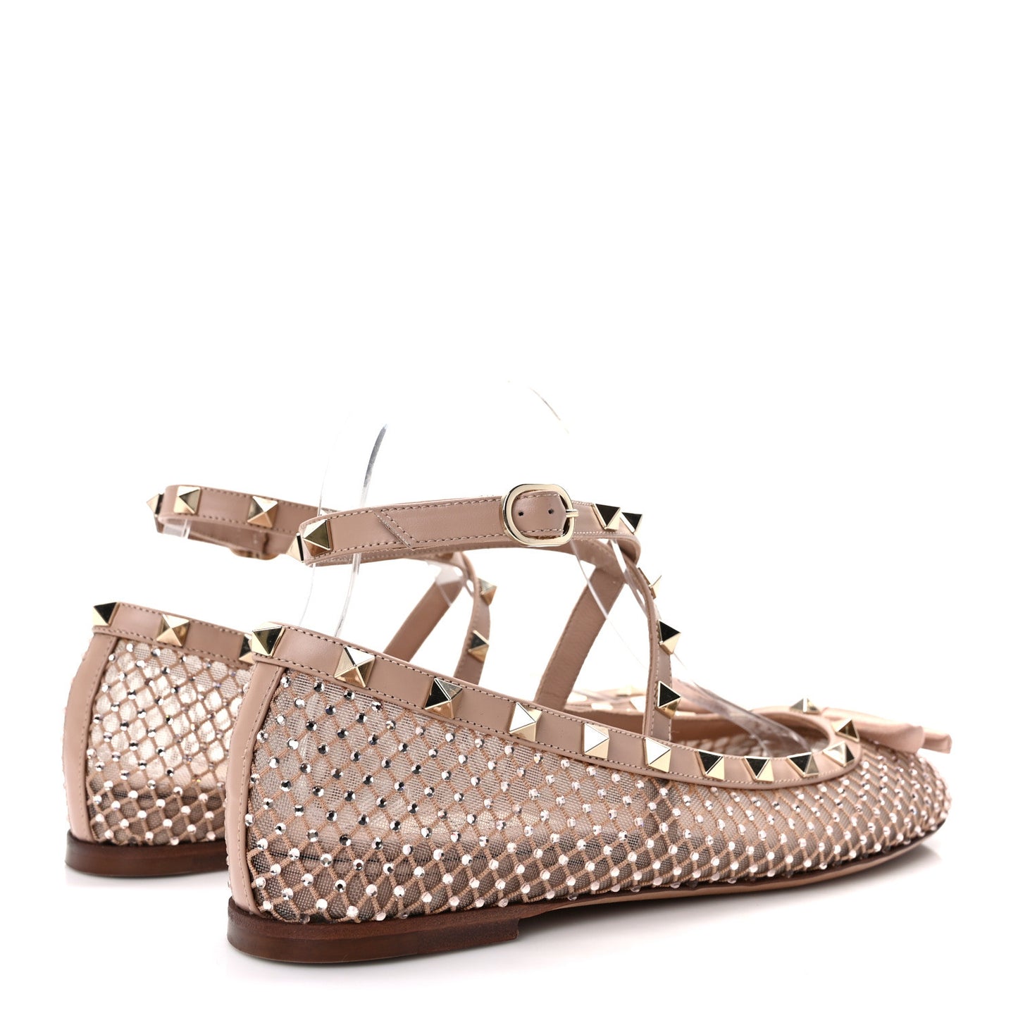 Mesh Calfskin Crystal Rockstud Multi Strap Ballerina Flats 39 Rose Cannelle