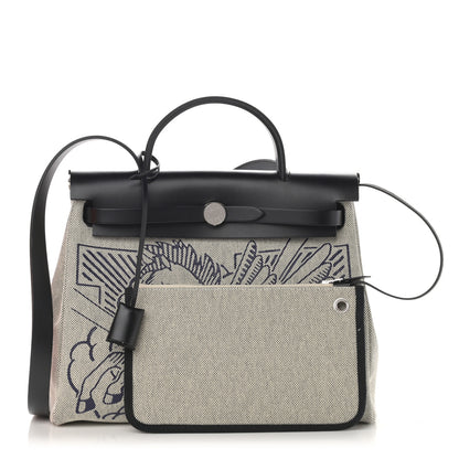 Hermes Vache Hunter Toile H Pegase Pop Herbag Zip Retourne 31 PM Bleu Indigo Ecru Black 1 of 13
