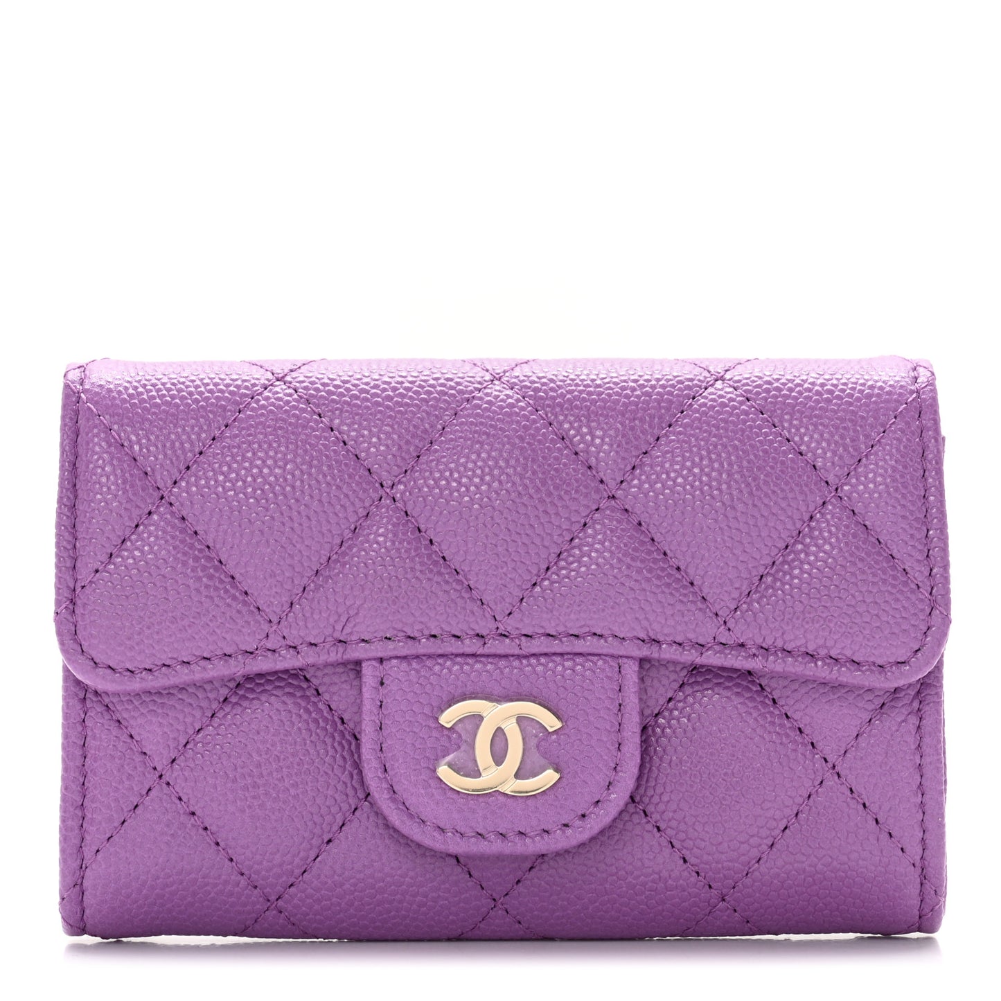 Caviar Quilted Flap Card Holder Wallet Purple