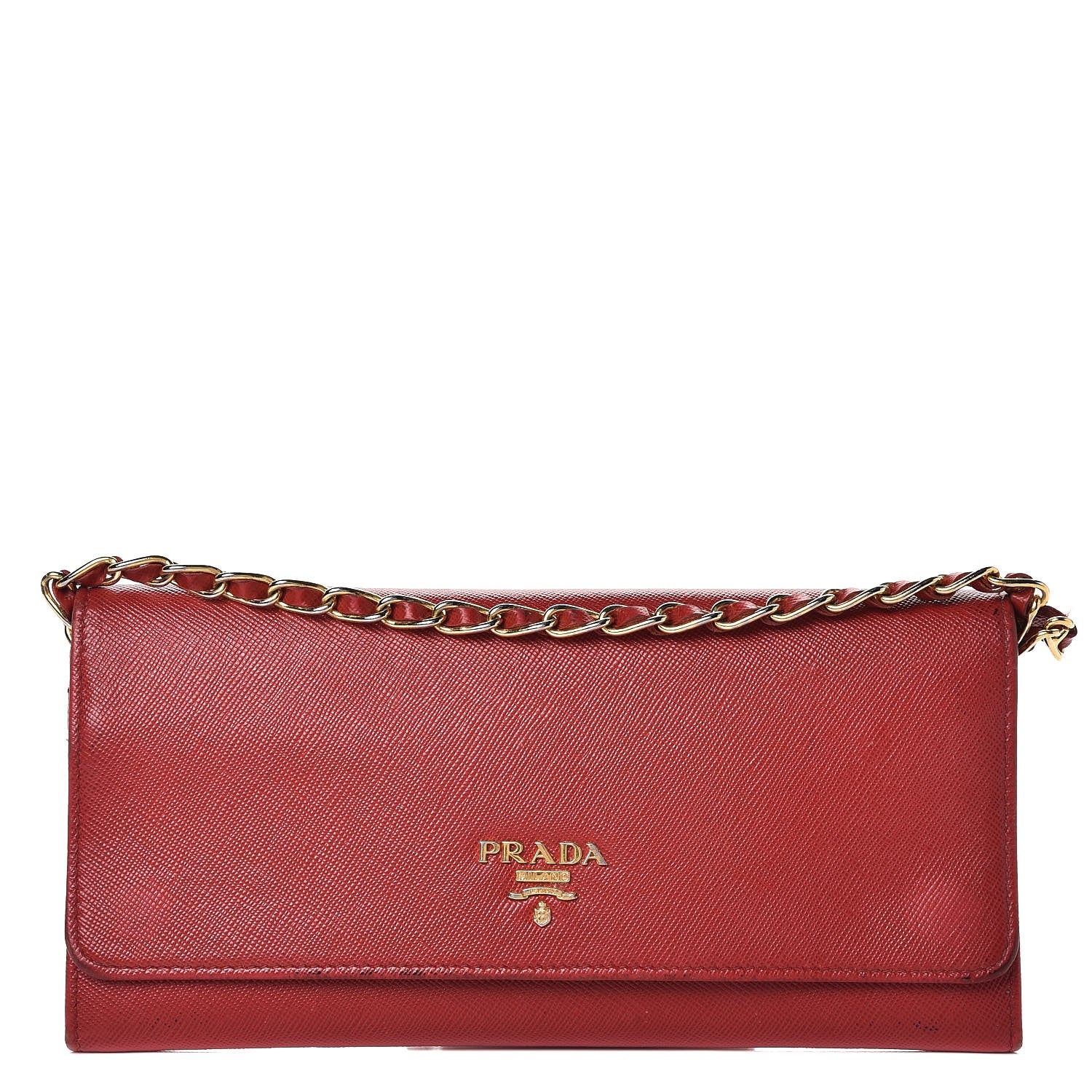 Prada Saffiano Metal Oro Chain Wallet Fuoco 1 of 15