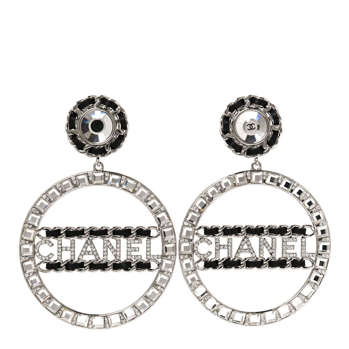 Crystal Lambskin Chain CC Hoop Clip On Earrings Black Silver
