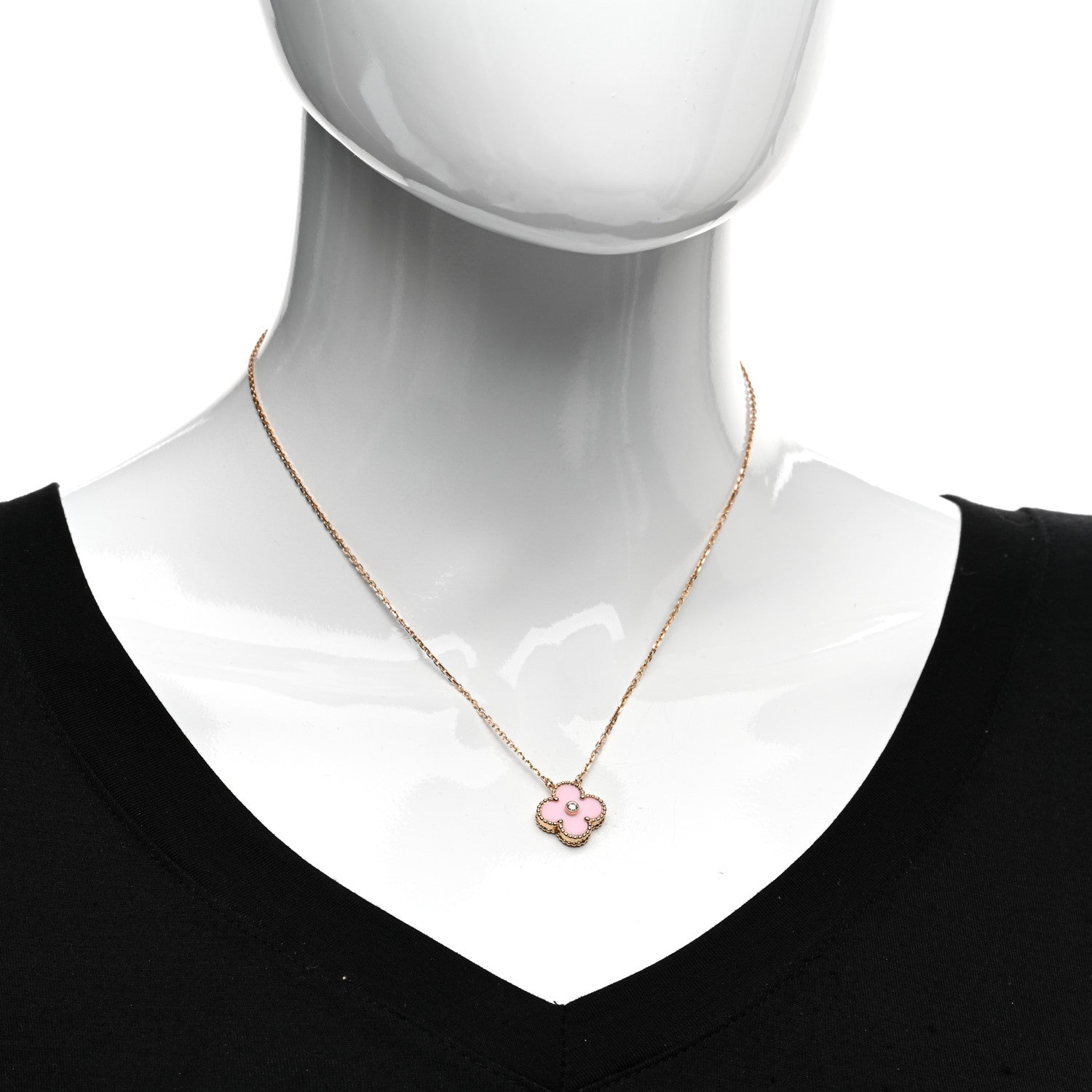 Van Cleef & Arpels 18K Rose Gold Diamond Pink Porcelain Vintage Alhambra Pendant Necklace 2 of 5