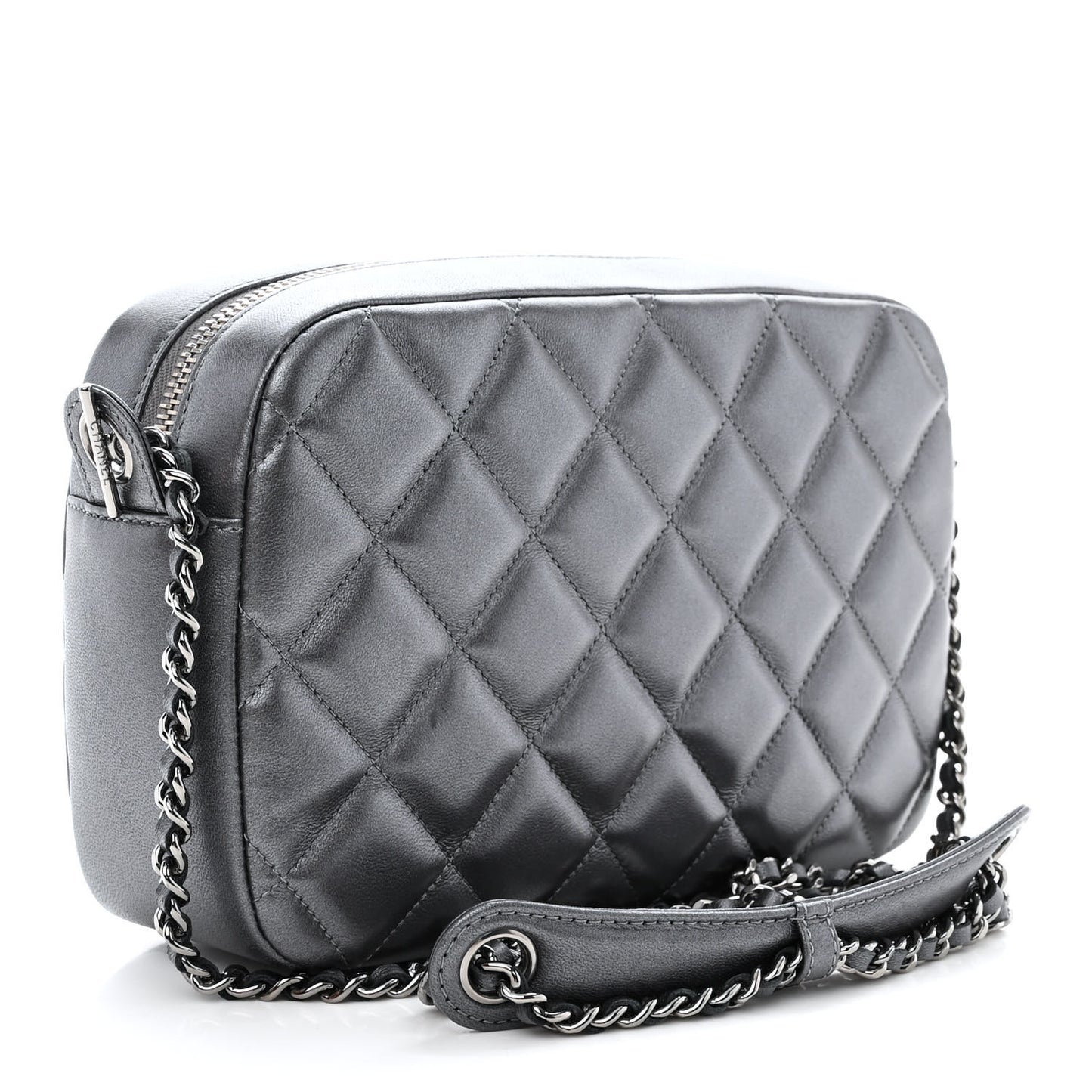 Metallic Lambskin Quilted Small Diamond CC Camera Case Dark Silver