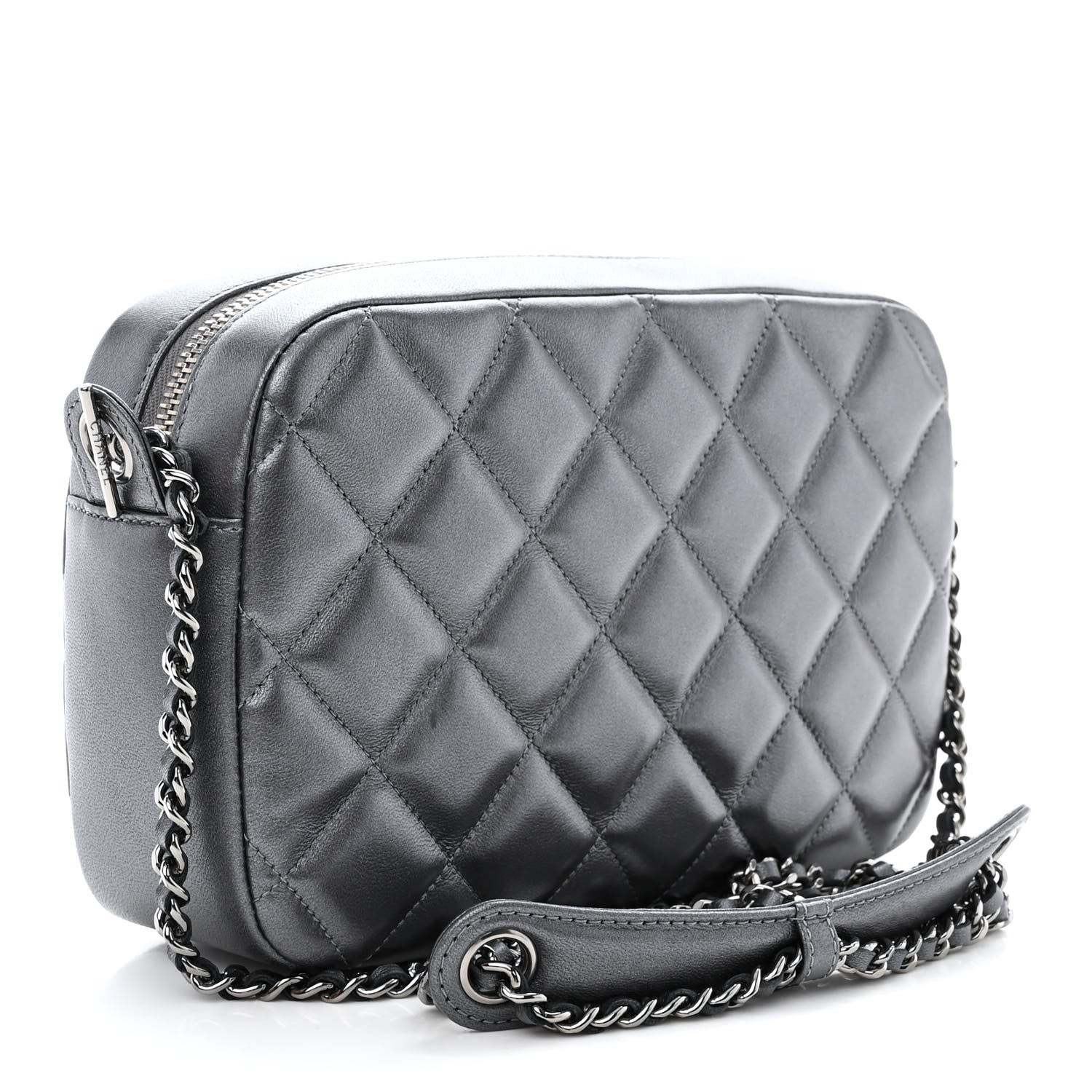 Chanel Metallic Lambskin Quilted Small Diamond CC Camera Case Dark Silver 3 of 11
