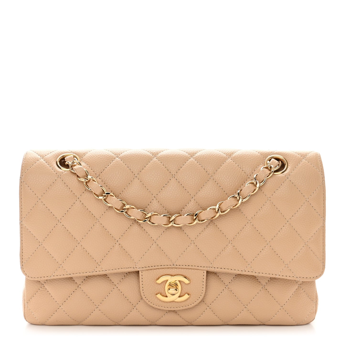 Caviar Quilted Medium Double Flap Beige