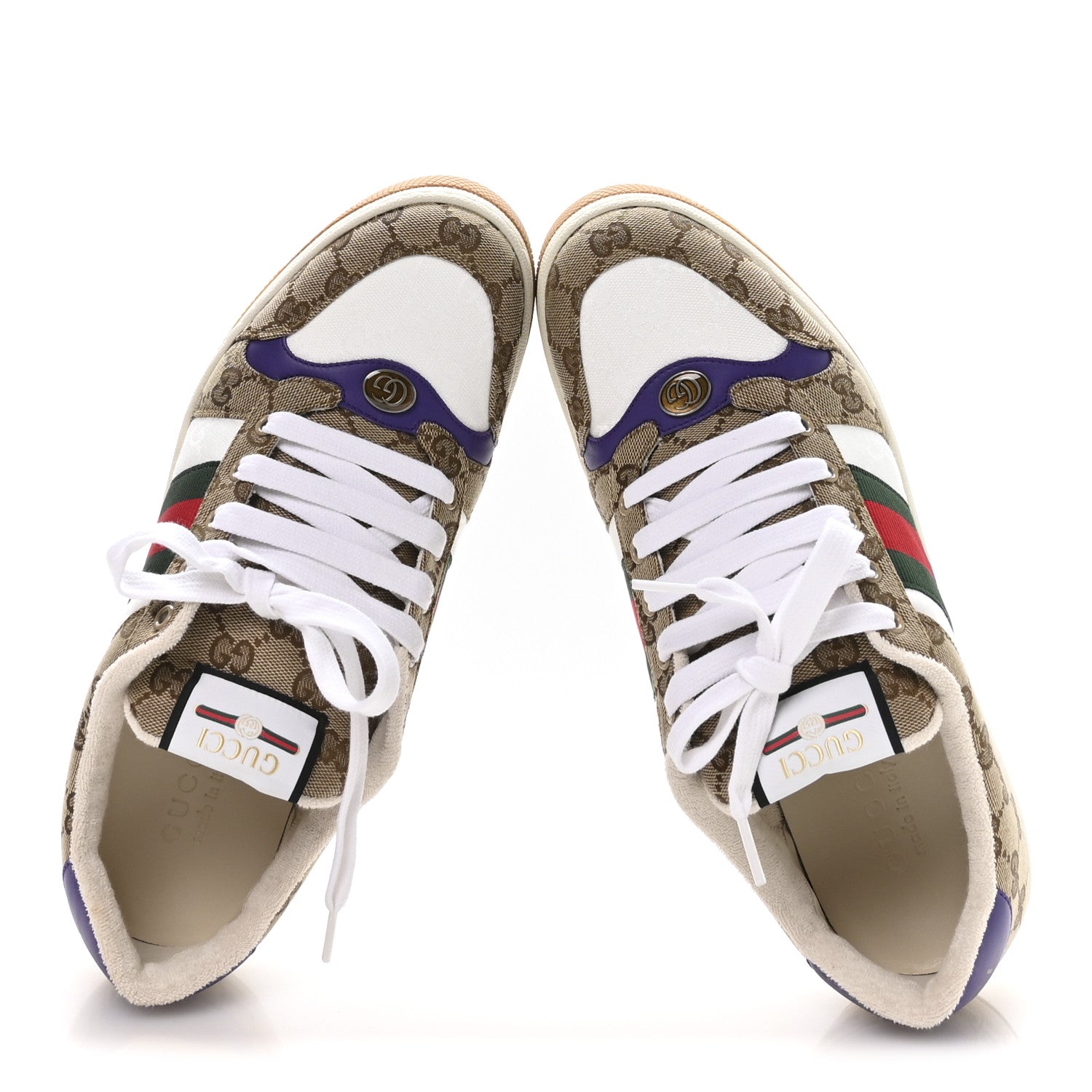 Gucci GG Supereme Monogram Calfskin Web Mens Screener Sneakers 10 Beige Ebony White Shine Purple 2 of 9