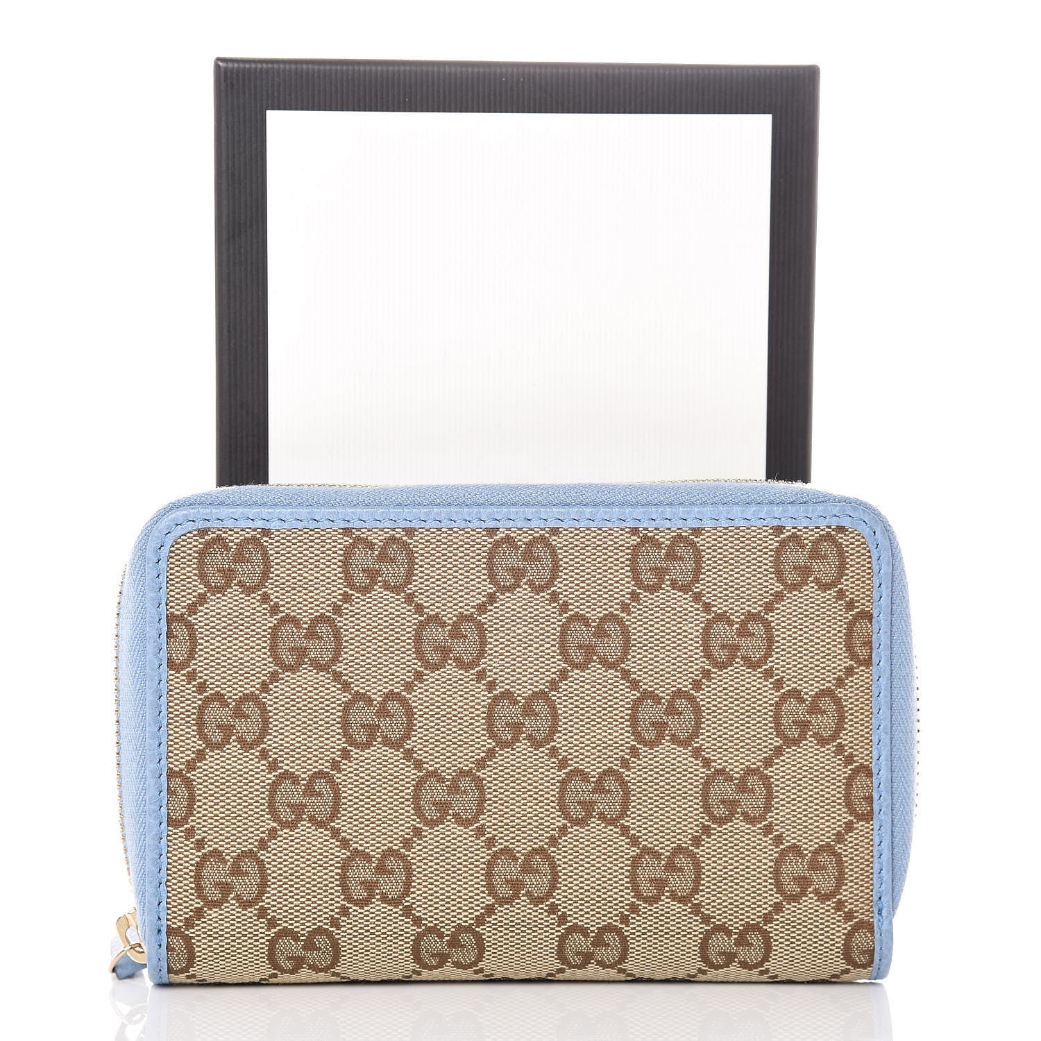 Gucci Monogram Dollar Calfskin Zip Around Compact Wallet Beige Ebony Mineral Blue 8 of 8