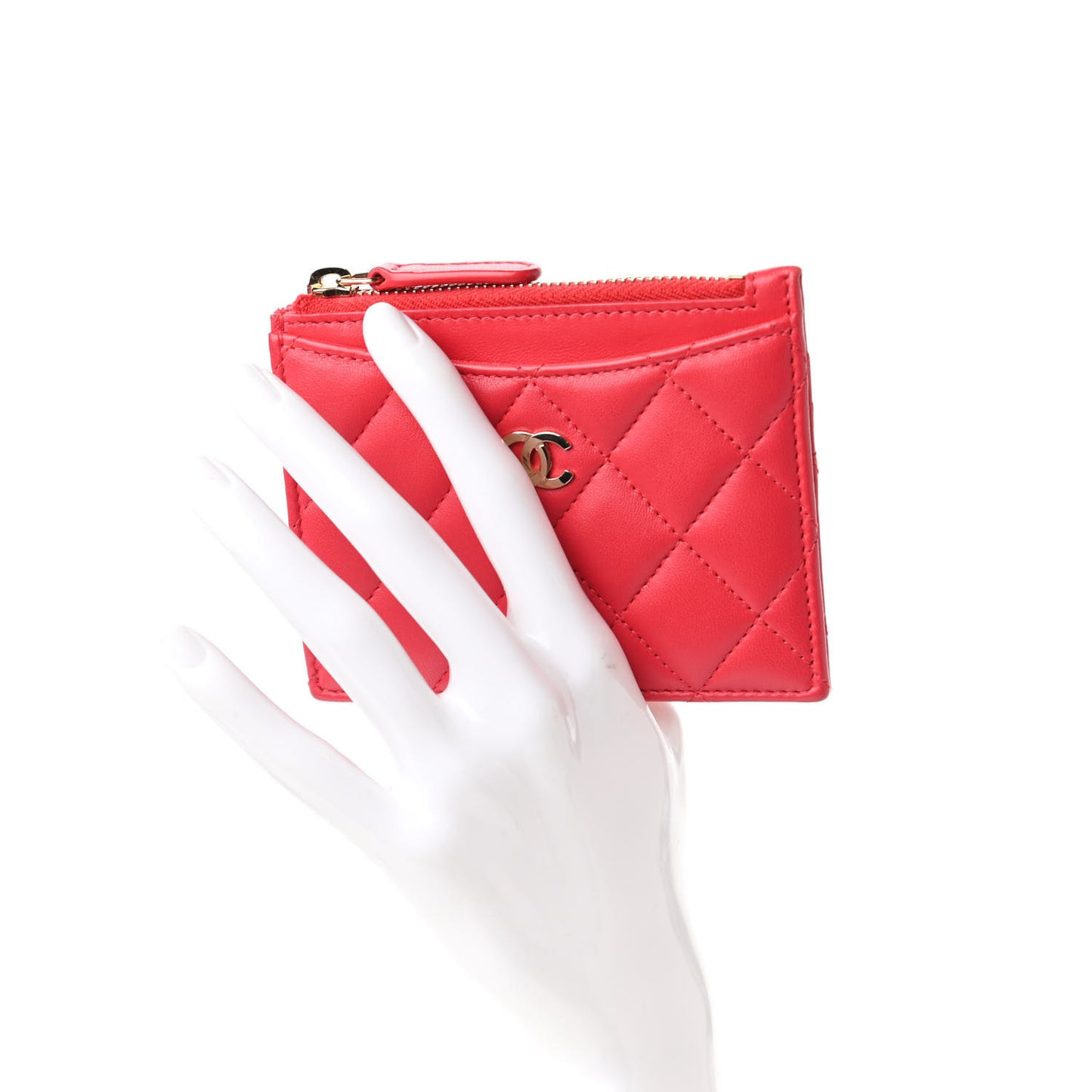 Lambskin Quilted Zip Card Holder Red
