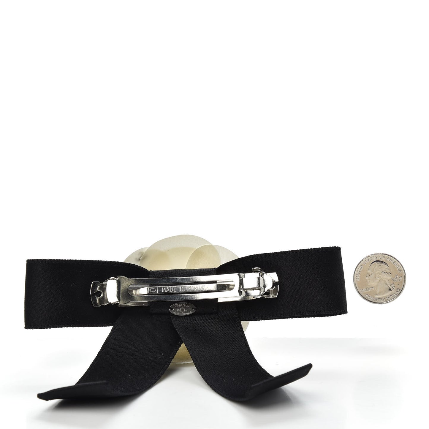 Satin Camellia CC Hair Clip Barrette White Black