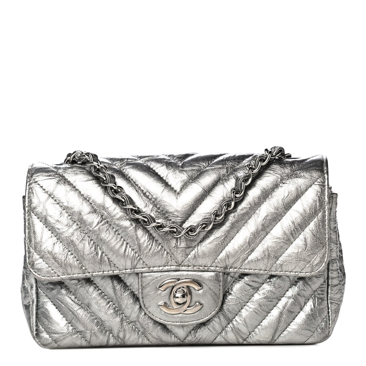 Patent Metallic Crumpled Calfskin Chevron Quilted Mini Rectangular Flap Silver