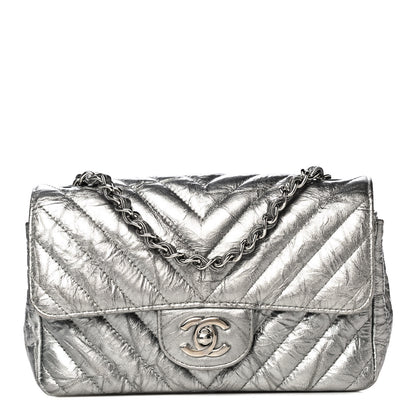 Chanel Patent Metallic Crumpled Calfskin Chevron Quilted Mini Rectangular Flap Silver 1 of 10