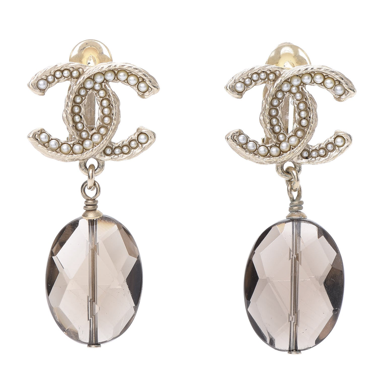 Chanel Pearl Crystal CC Dangle Clip On Earrings Light Gold 1 of 4