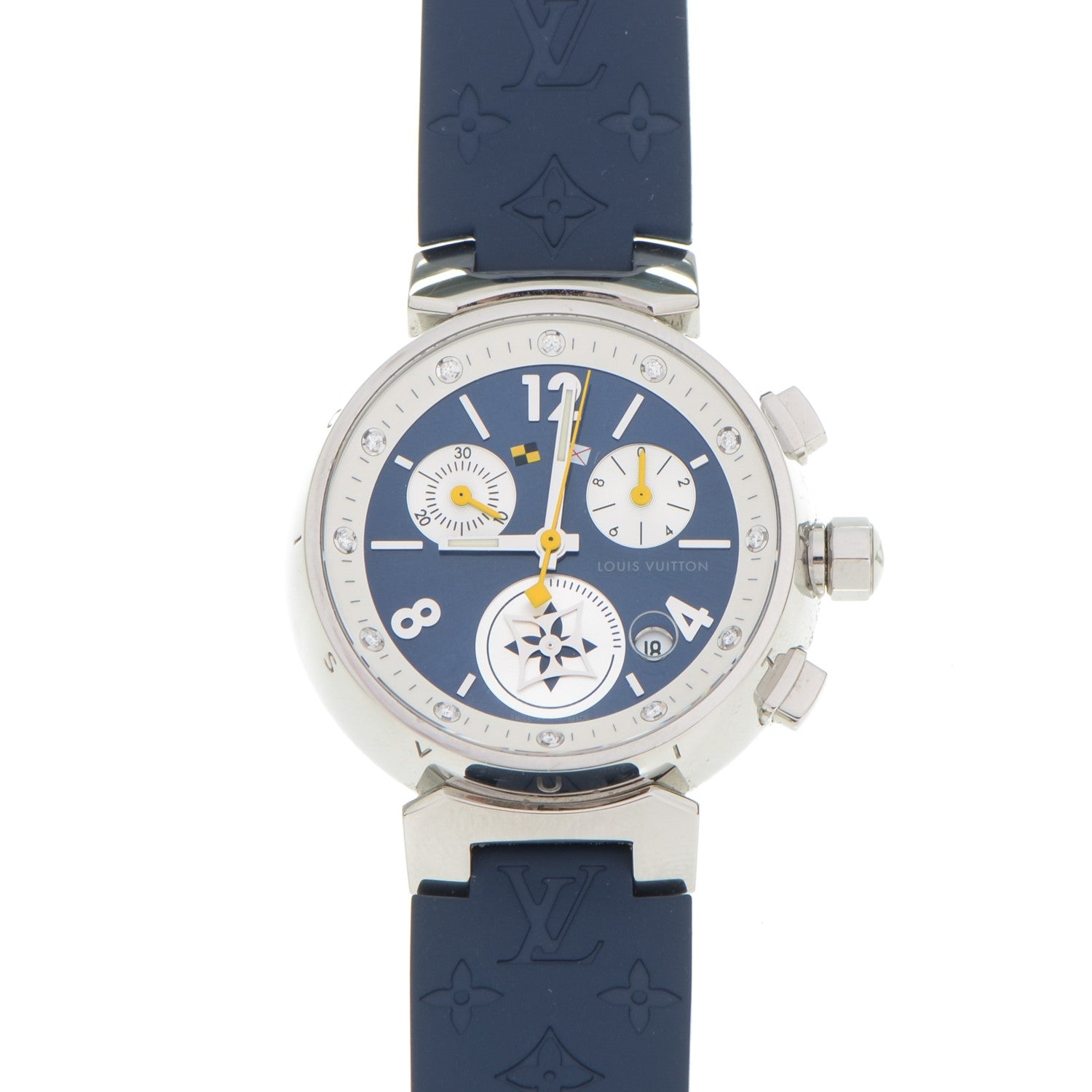 Louis Vuitton Stainless Steel Rubber Diamond 34mm Tambour Lovely Cup Quartz Watch Blue 1 of 12