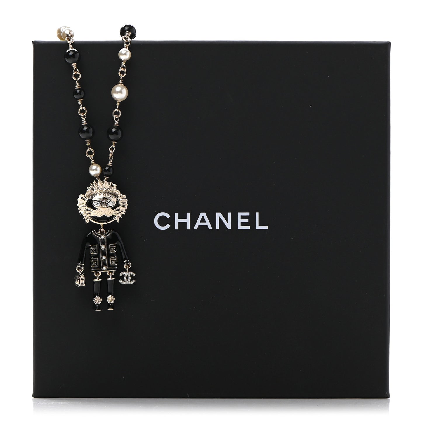 Gripoix Poured Glass Crystal Bead Pearl CC Lion Pendant Necklace Black Gold