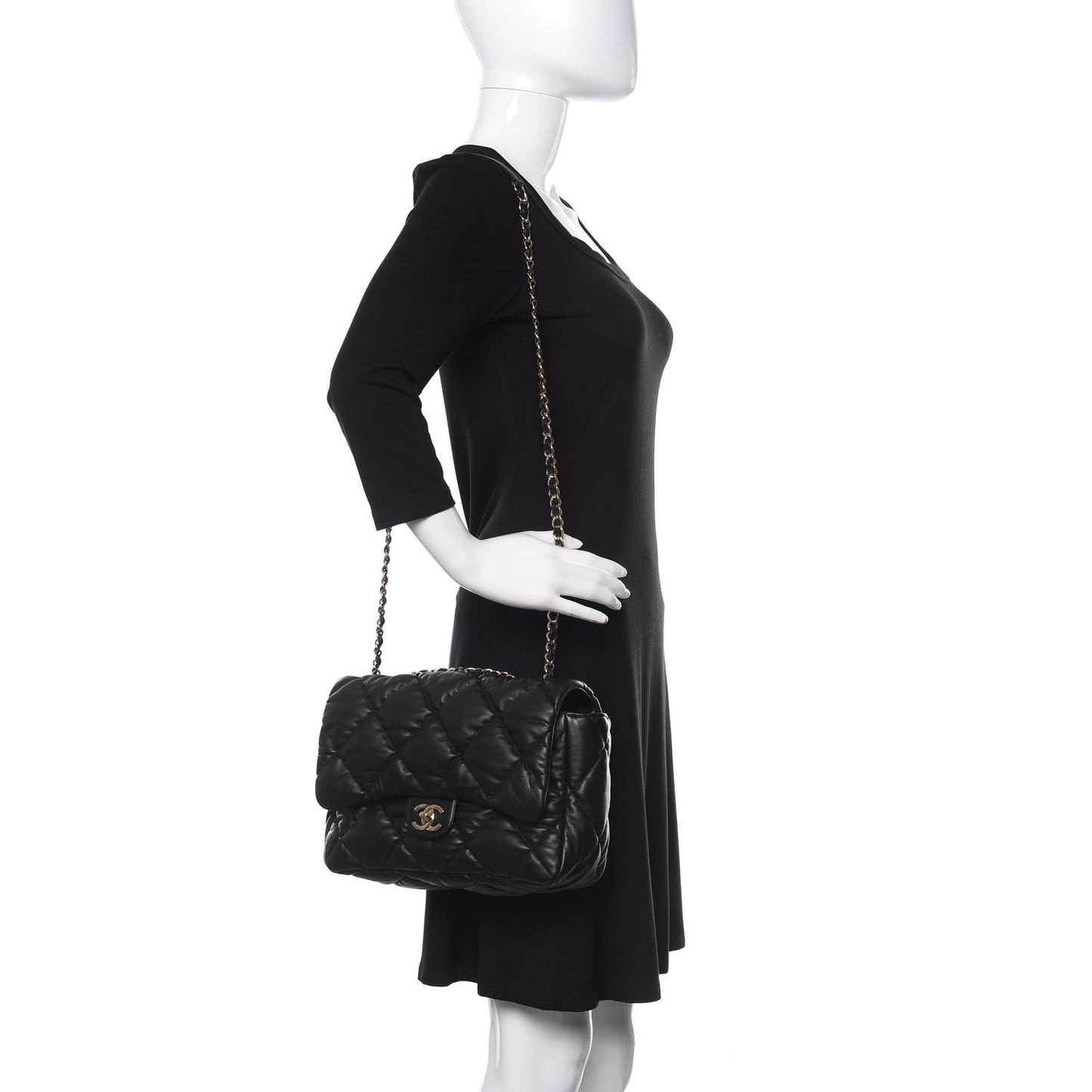 Calfskin Quilted Large Bubbly Flap Black