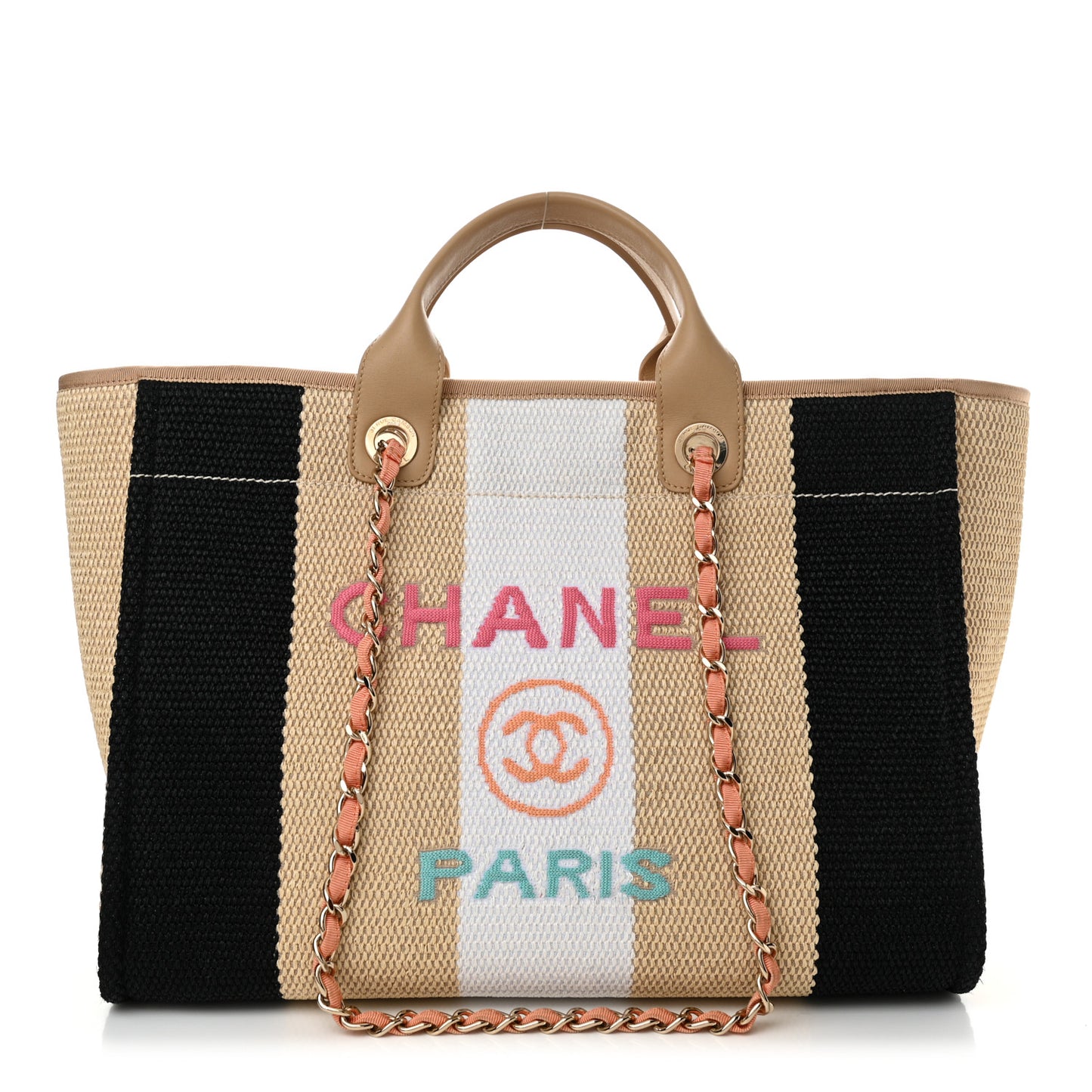 Straw Raffia Calfskin Striped Medium Deauville Tote Black Beige Ivory