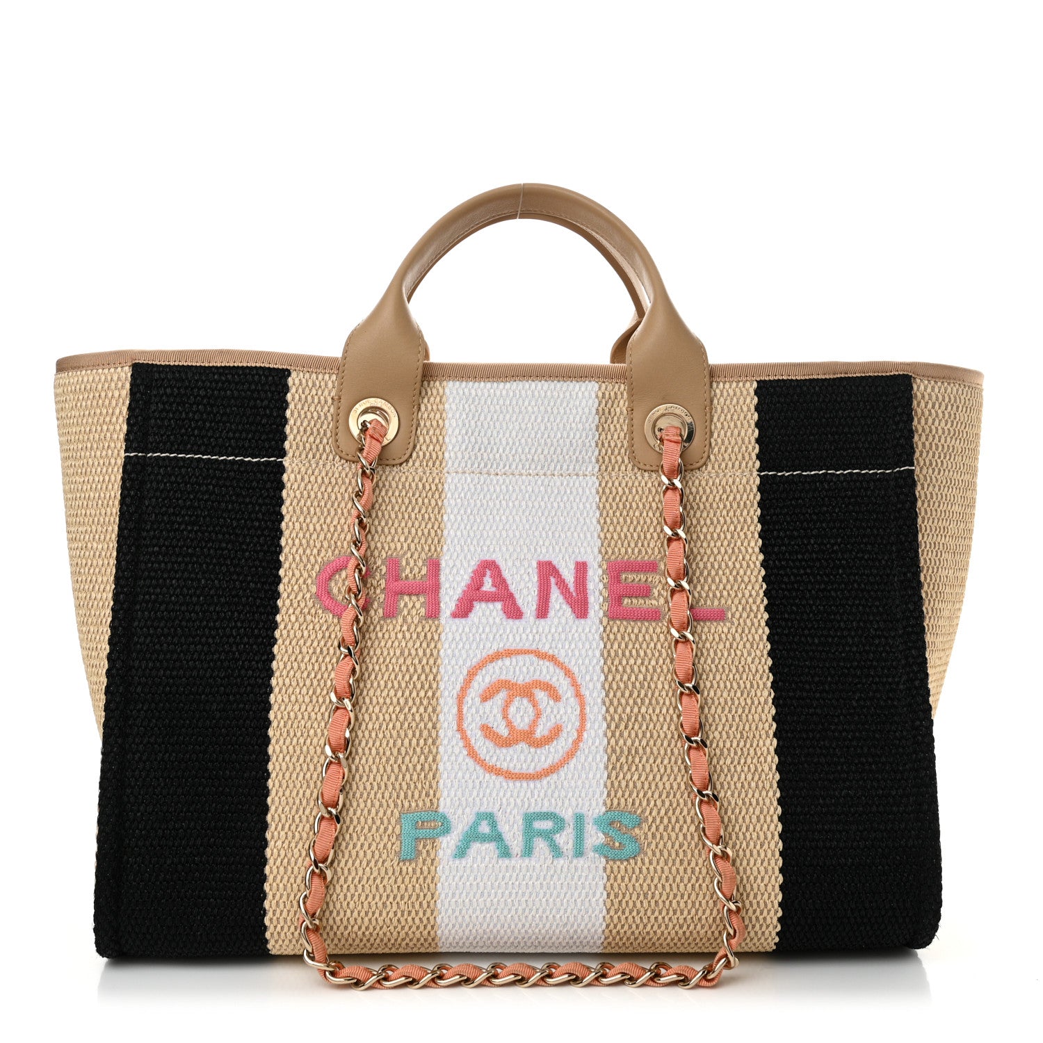 Chanel Straw Raffia Calfskin Striped Medium Deauville Tote Black Beige Ivory 1 of 15