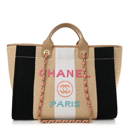 Chanel Straw Raffia Calfskin Striped Medium Deauville Tote Black Beige Ivory 1 of 15