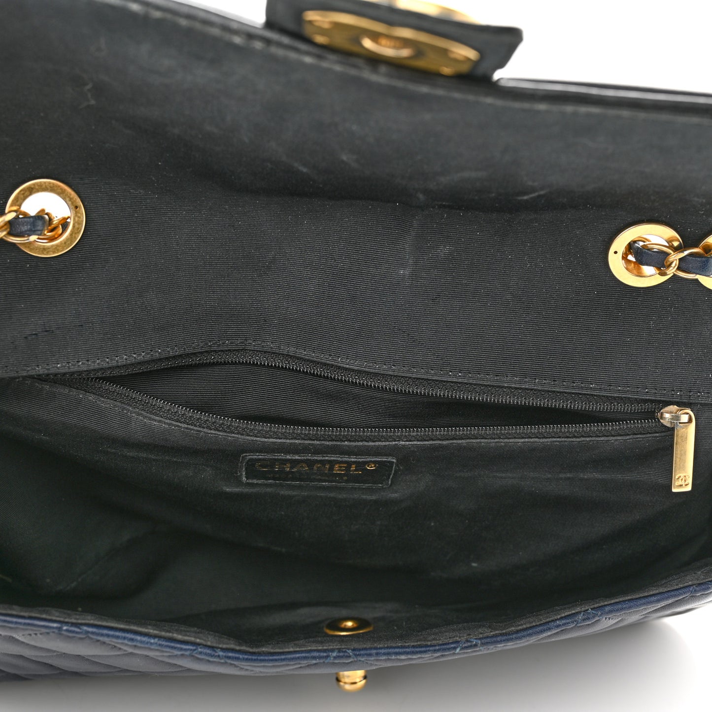 Calfskin Quilted Large Elegant CC Flap Navy Black