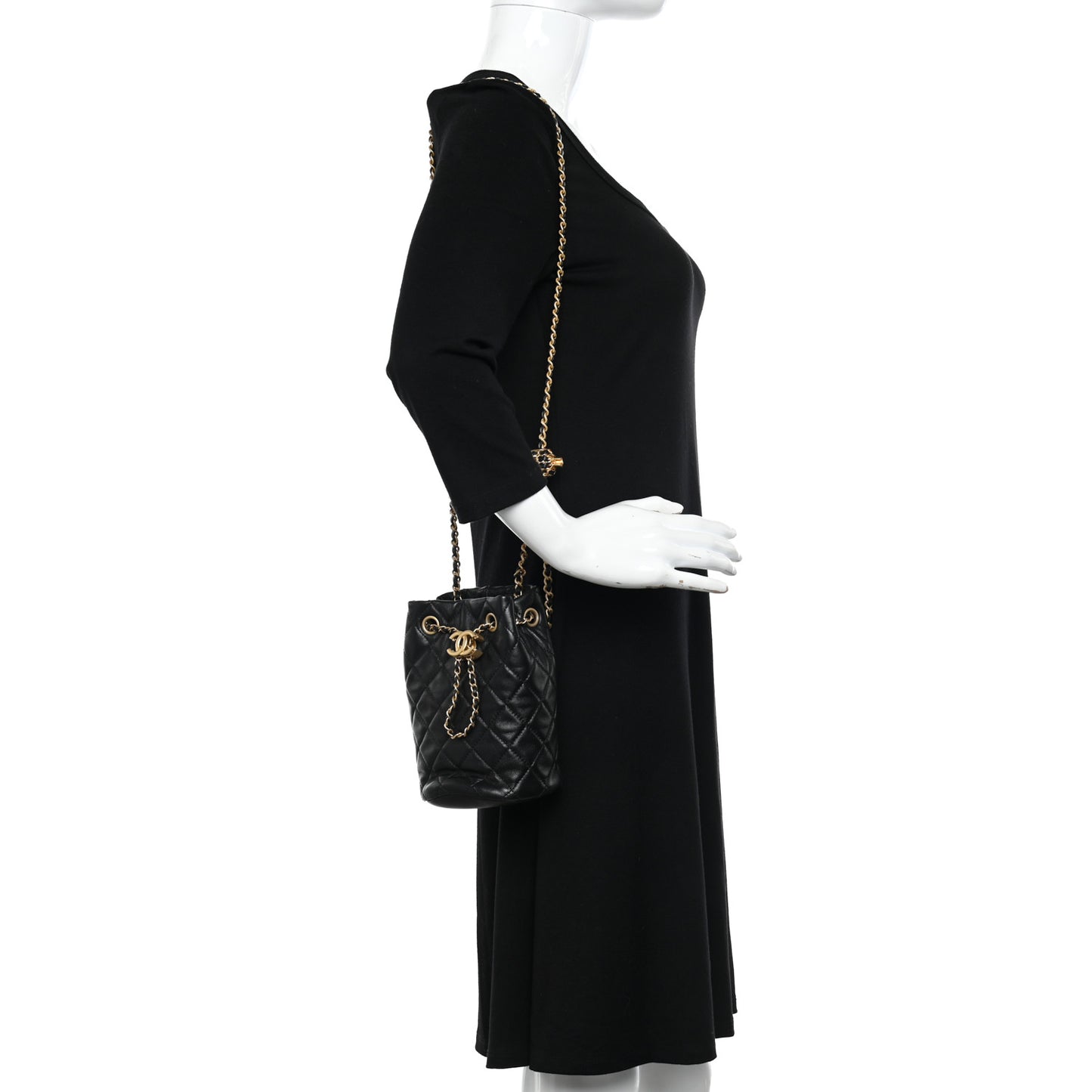 Lambskin Quilted Pearl Crush Drawstring Bag Black