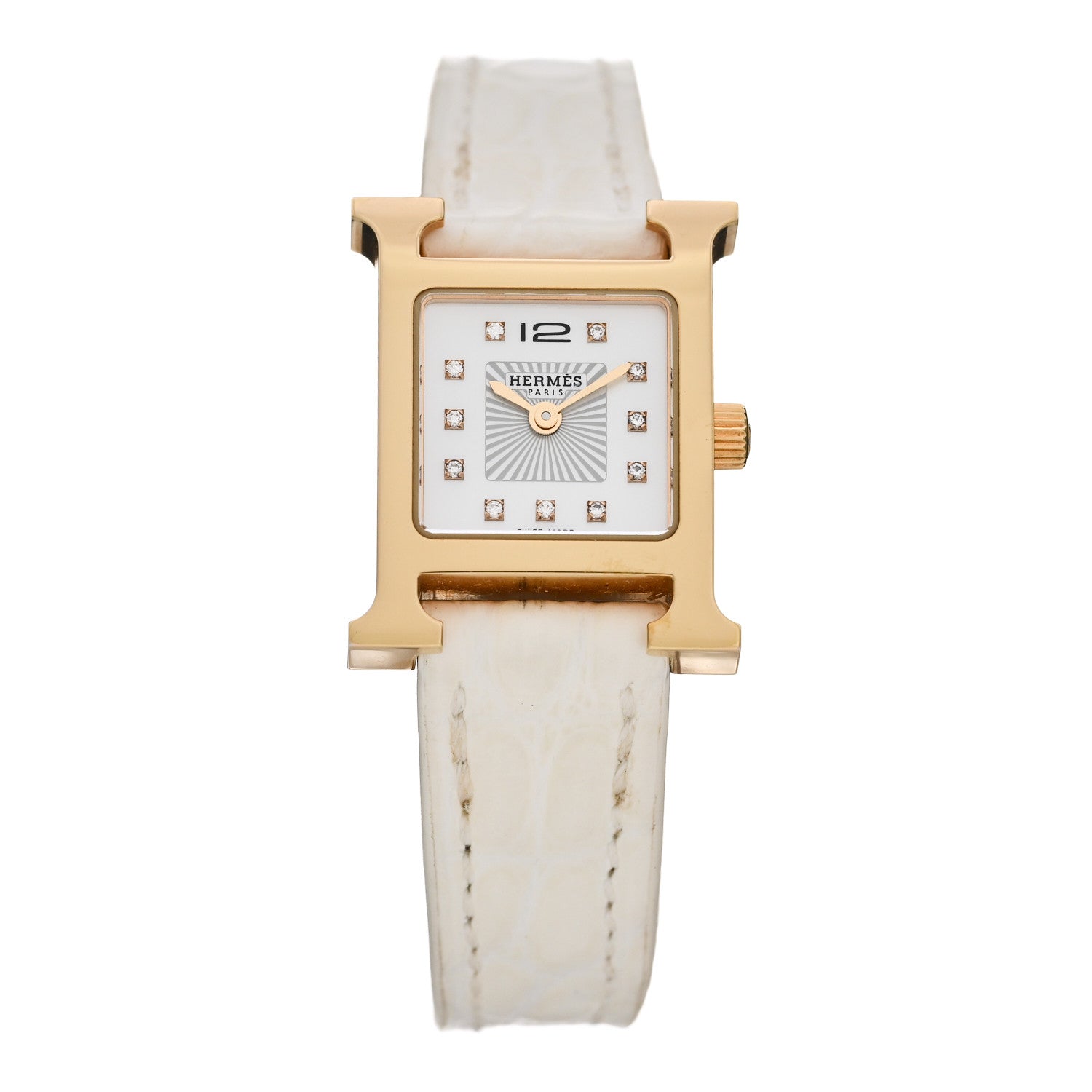 Hermes Stainless Steel Alligator Diamond Mother of Pearl 17.2mm Heure H Hour Quartz Watch Blanc 1 of 5
