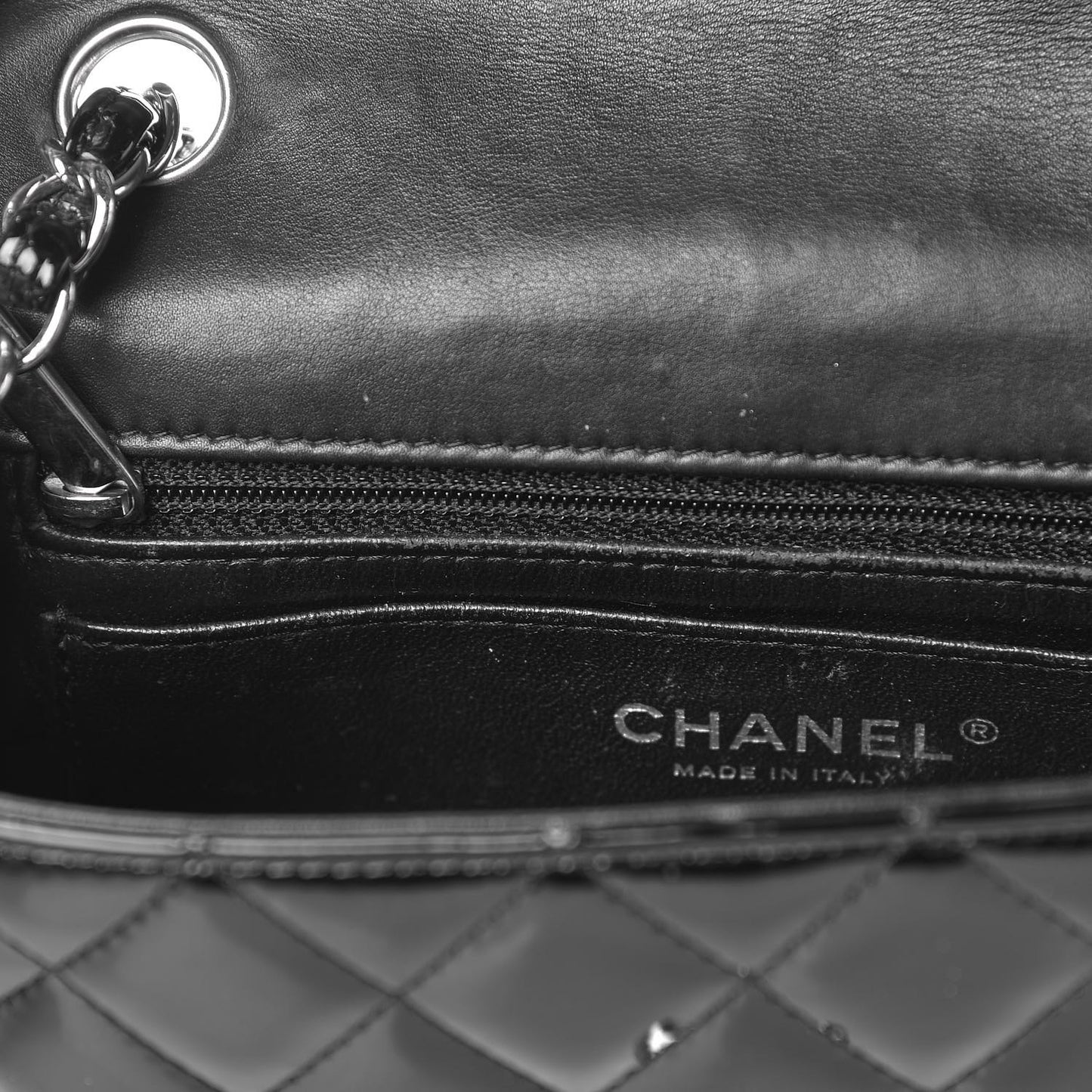 Patent Calfskin Quilted Mini Rectangular Flap Black