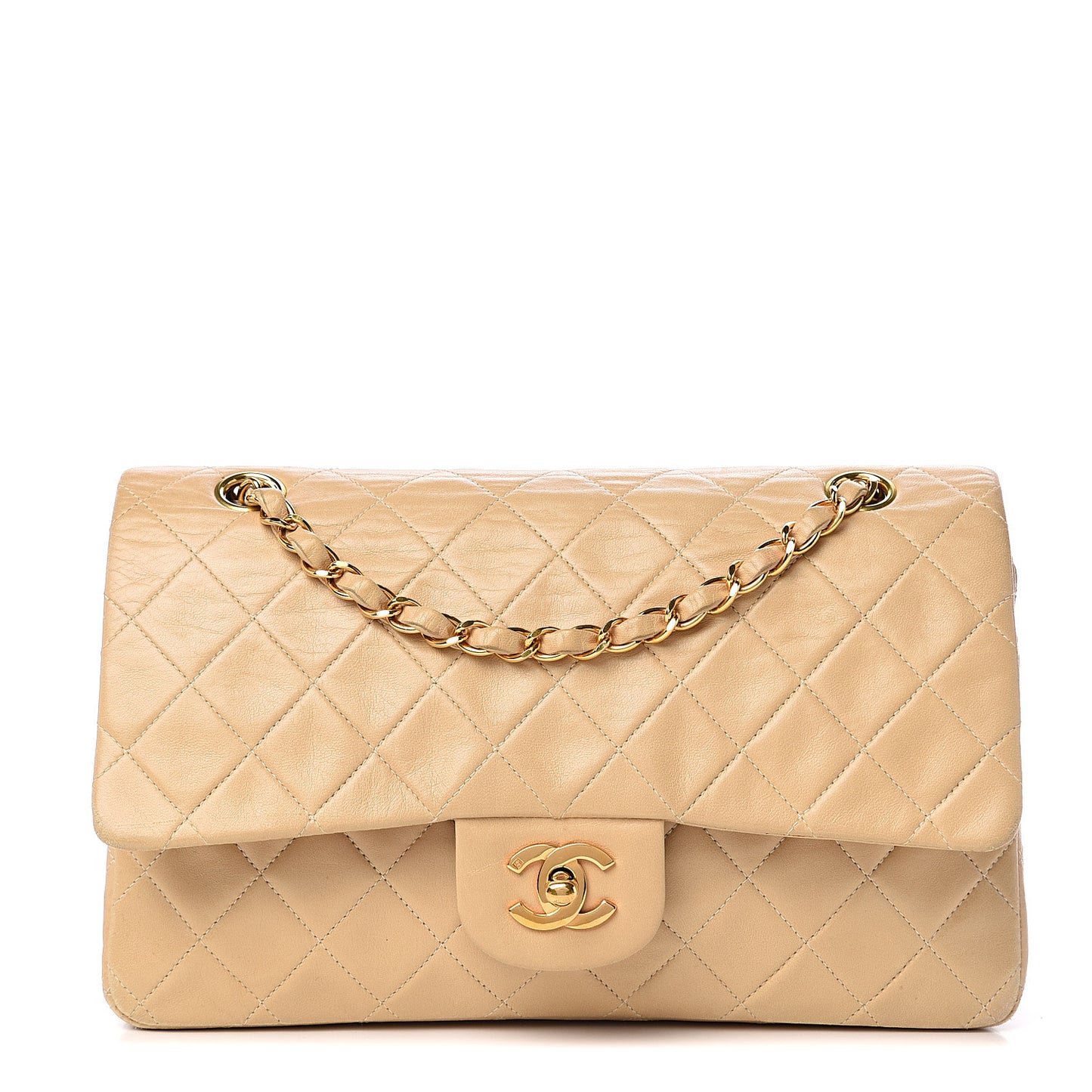 Lambskin Quilted Medium Double Flap Beige