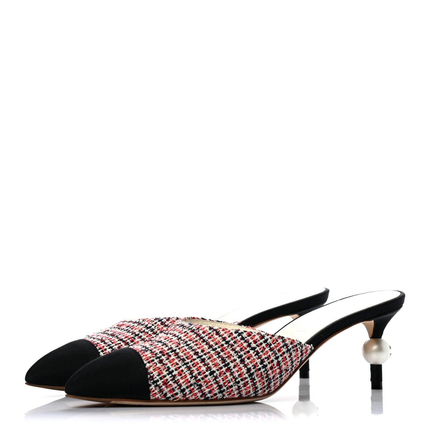 Tweed Grosgrain Pearl Cap Toe Mules 37 Black Red