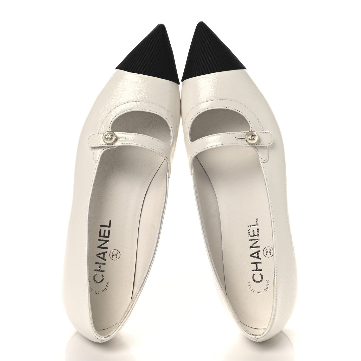 Chanel Shiny Lambskin Grosgrain Pearl Mary Janes Flats 40 White