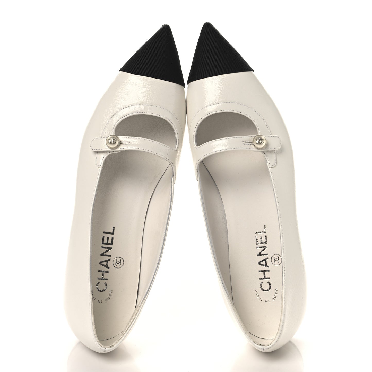 Shiny Lambskin Grosgrain Pearl Mary Janes Flats 40 White Black