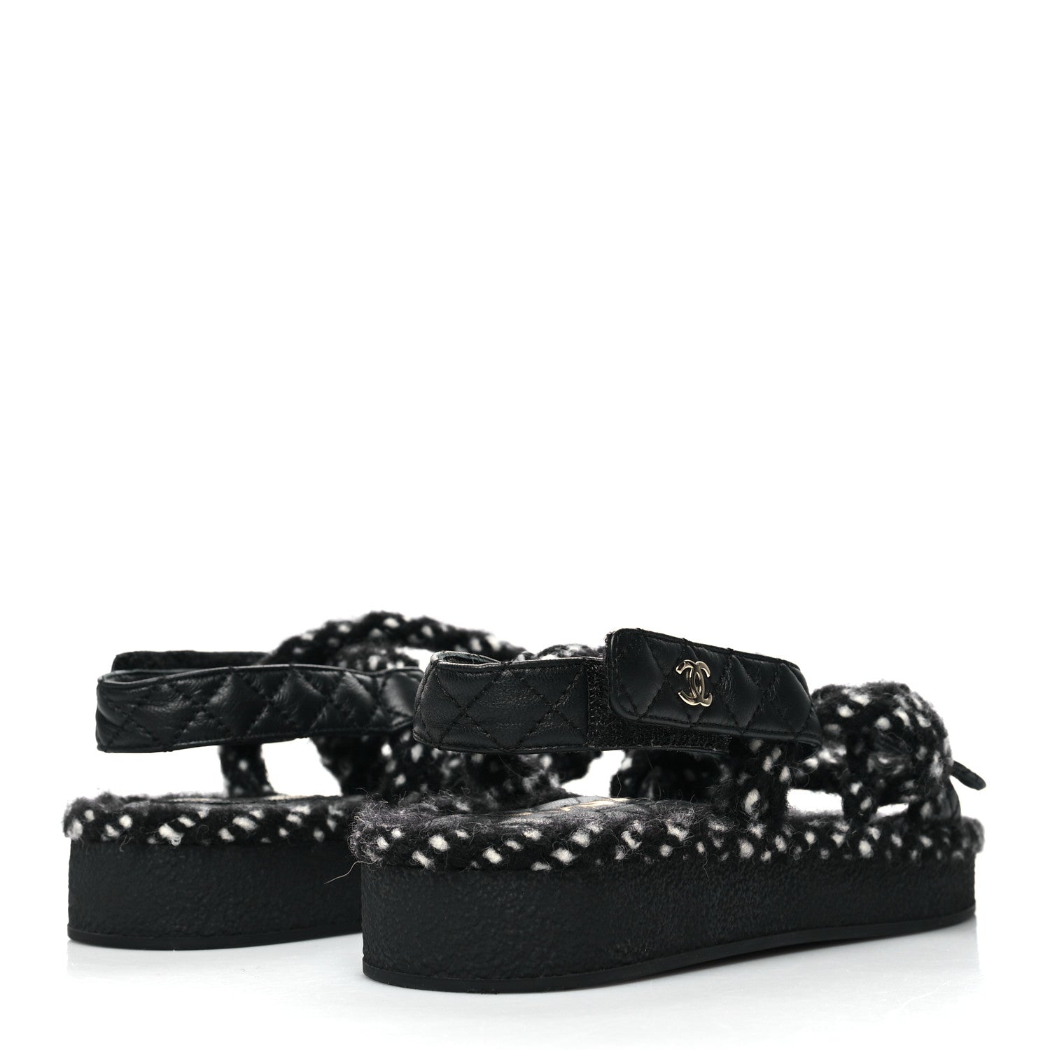 Chanel Cord Lambskin Quilted Logo Sandals 37 Black White 4 of 8