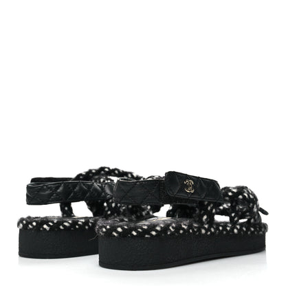 Chanel Cord Lambskin Quilted Logo Sandals 37 Black White 4 of 8