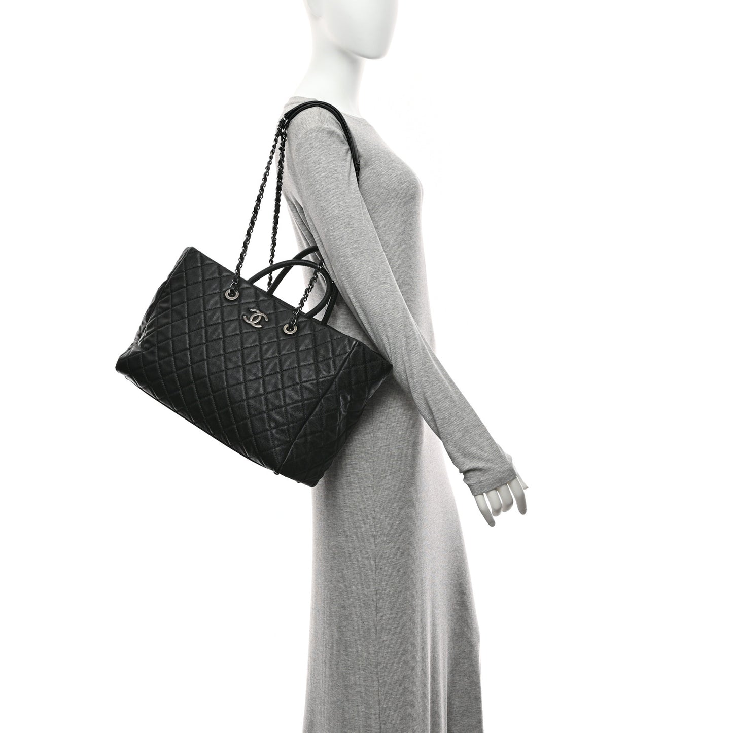 Caviar Quilted Large Coco Handle Shopping Tote Black