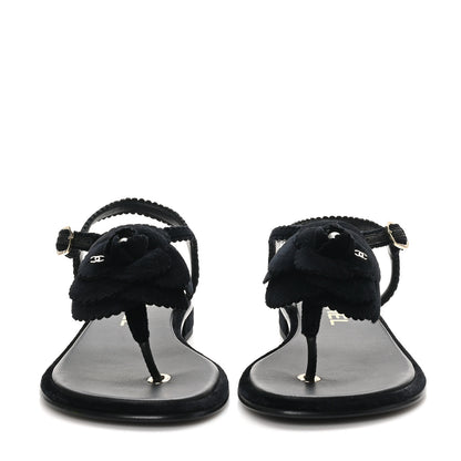 Chanel Velvet Pearl Camellia Thong Sandals 38 Black 3 of 10