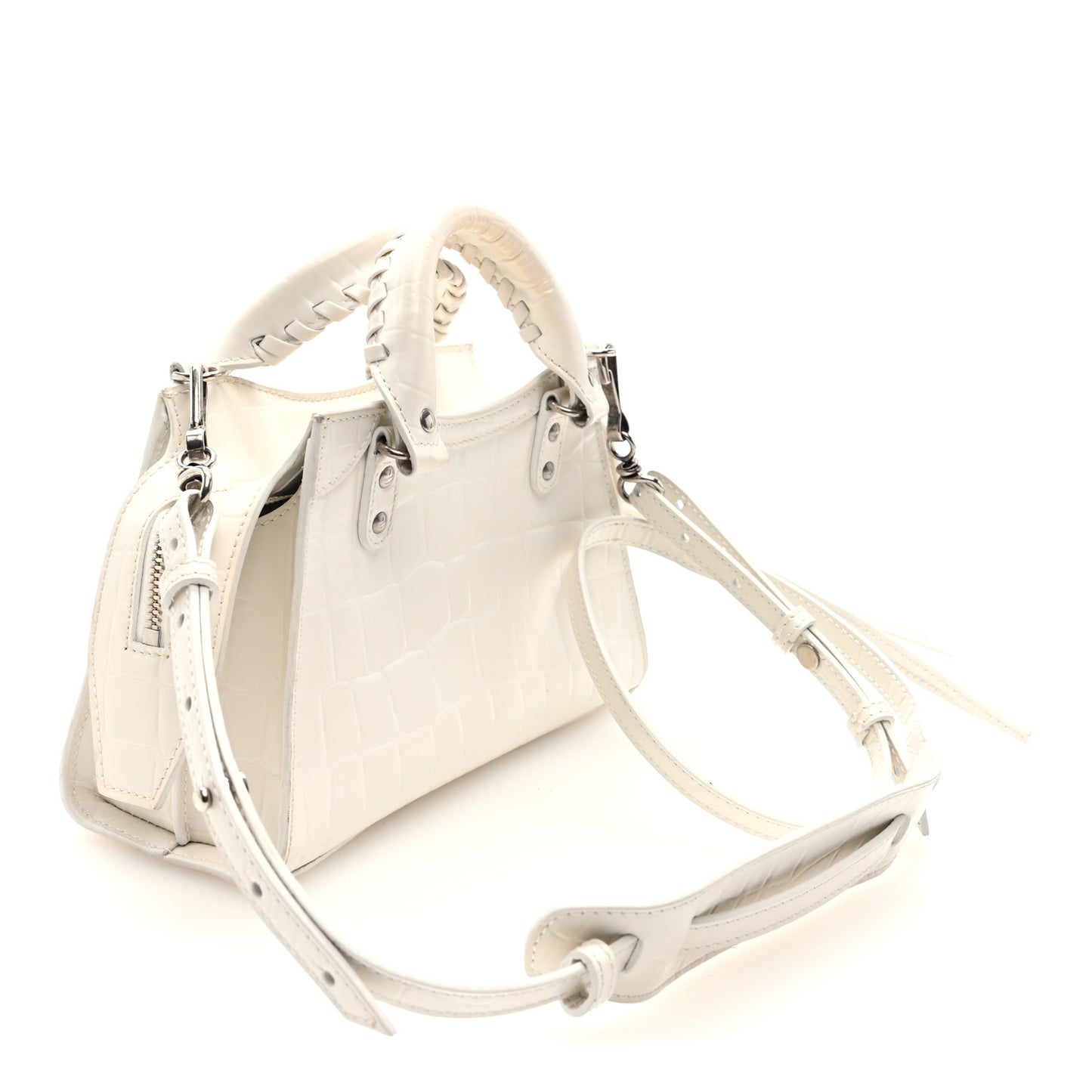 Semi Shiny Calfskin Crocodile Embossed Neo Classic Silver Hardware Mini City White
